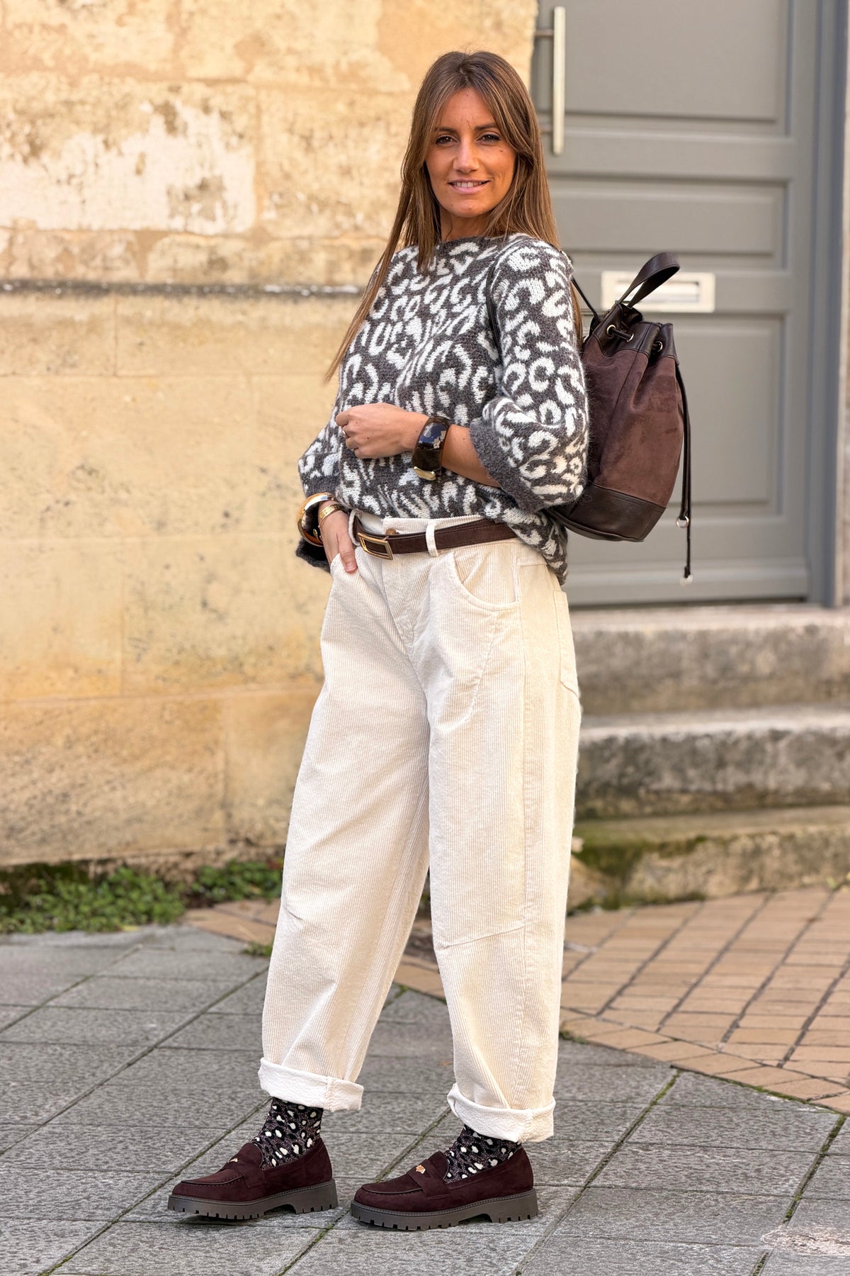 Cream Corduroy Wide Leg Jeans
