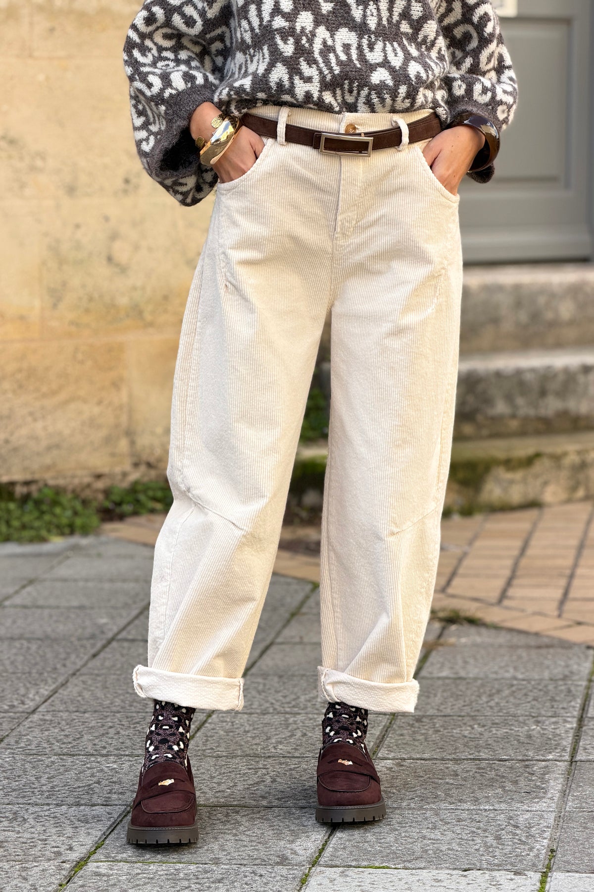 Cream Corduroy Wide Leg Jeans
