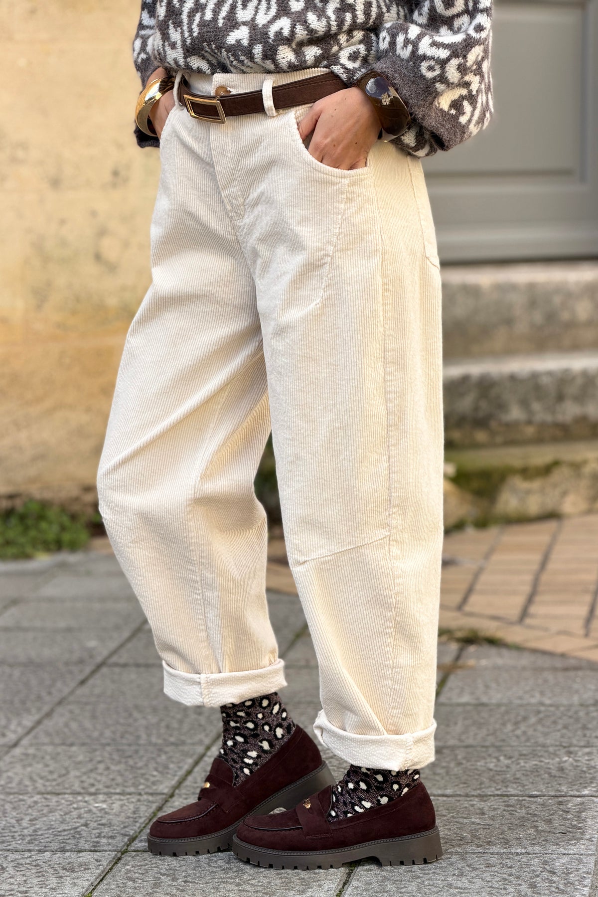 Cream Corduroy Wide Leg Jeans
