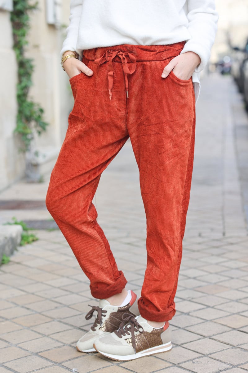 Pantalon terracotta confort stretch et souple en velours cotele E213 (1)