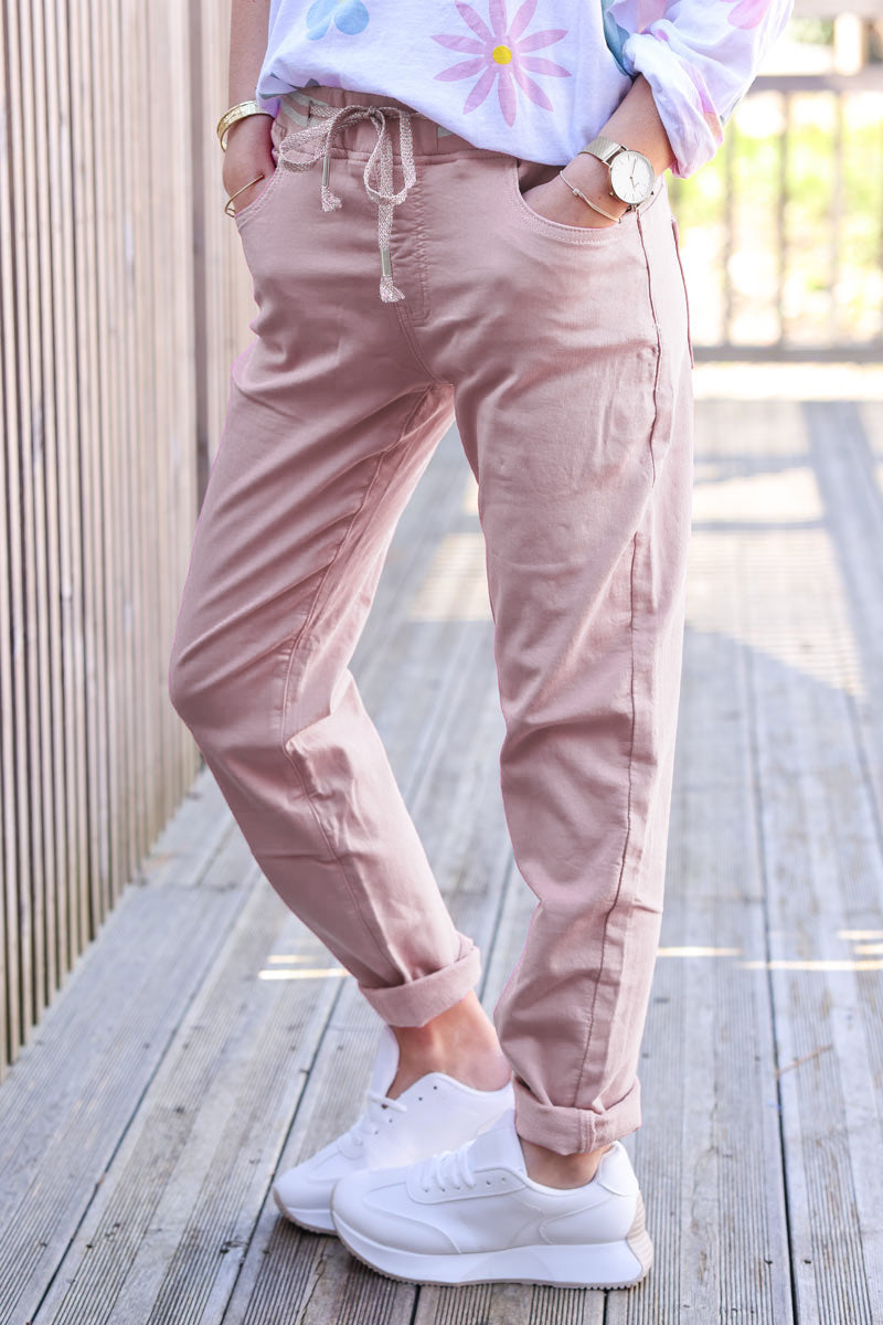 Pantalon rose poudré en toile stretch ceinture élastique rayée brillante