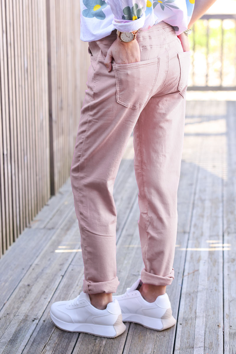 Pantalon rose poudré en toile stretch ceinture élastique rayée brillante