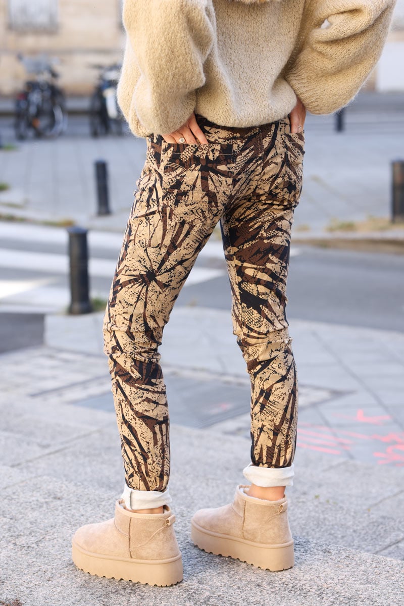 Soft touch jeans with foliage and animal print