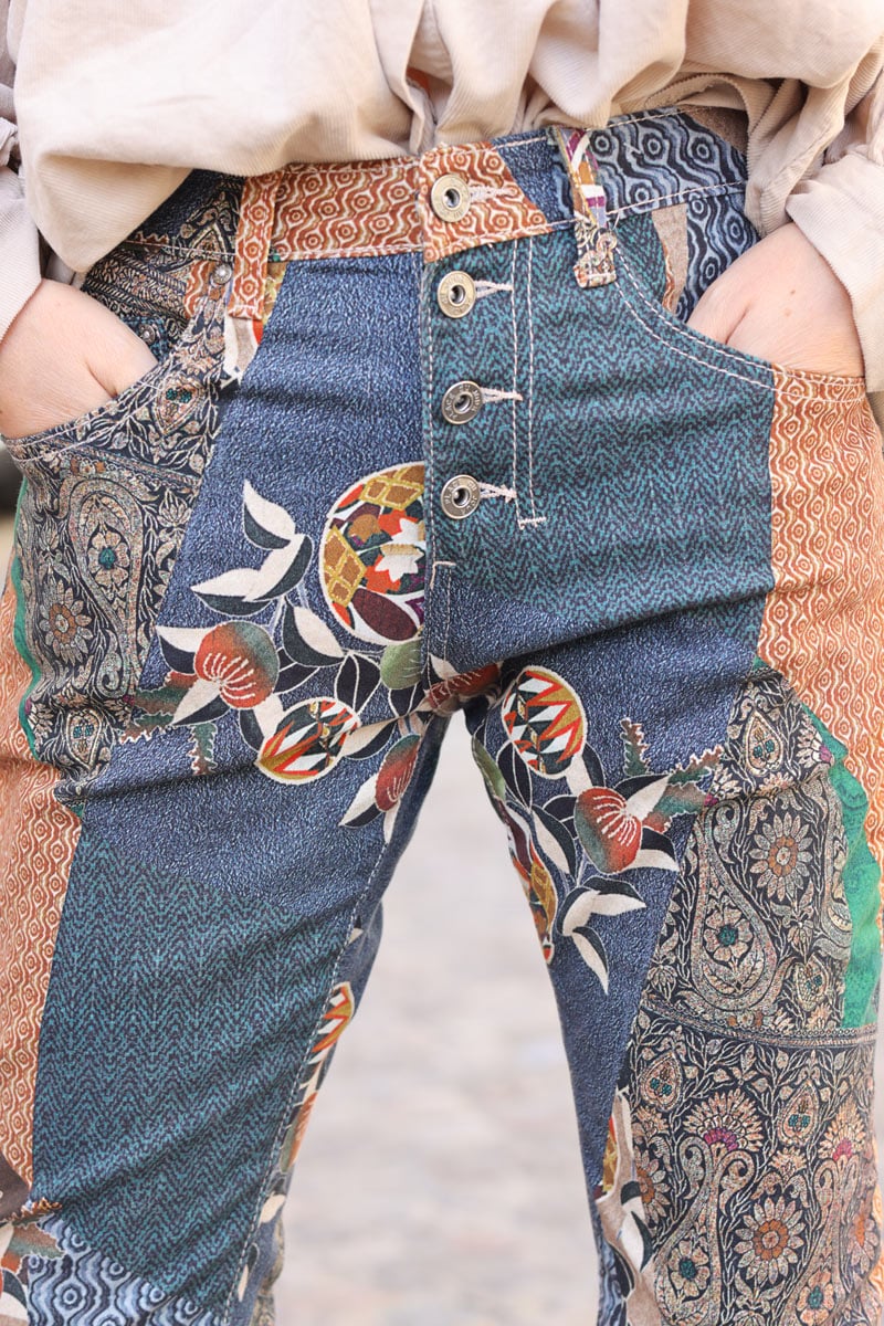 Soft touch jeans with patchwork print in camel, green and blue