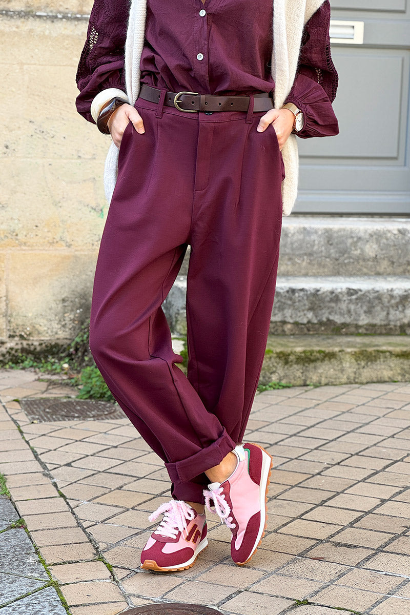 Burgundy Viscose Stretch Slacks with Belt