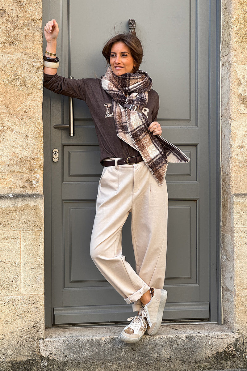 Beige Viscose Stretch Slacks with Belt