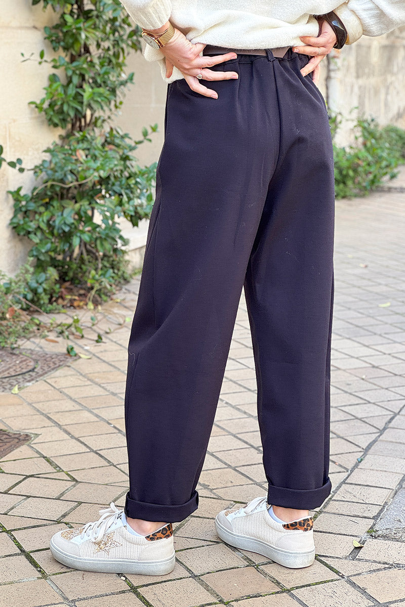Navy Blue Viscose Stretch Slacks with Belt