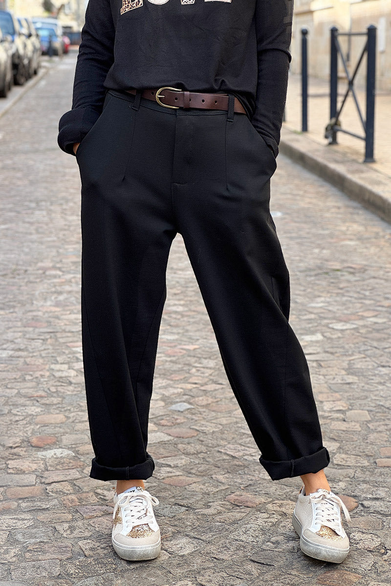 Black Viscose Stretch Slacks with Belt