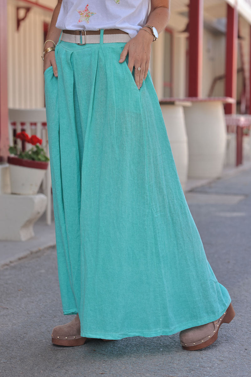 Turquoise Gauze Belted Ultra Wide-Leg Pants