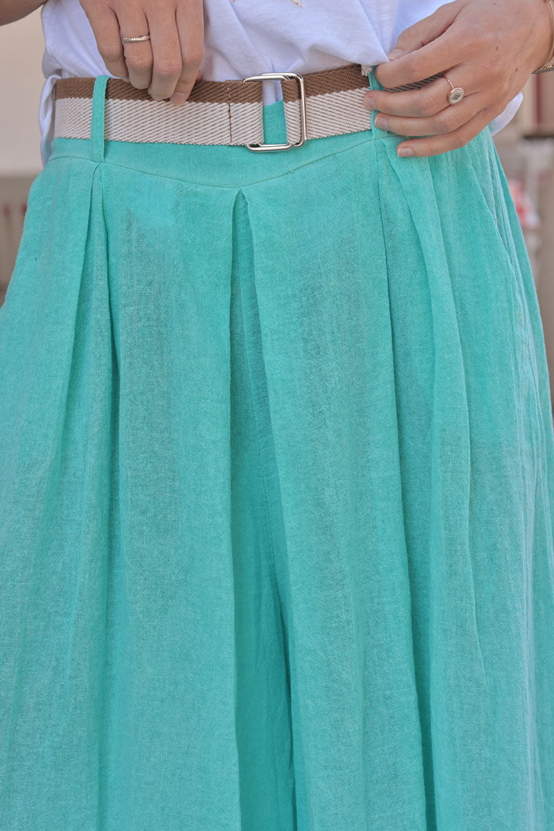 Turquoise Gauze Belted Ultra Wide-Leg Pants