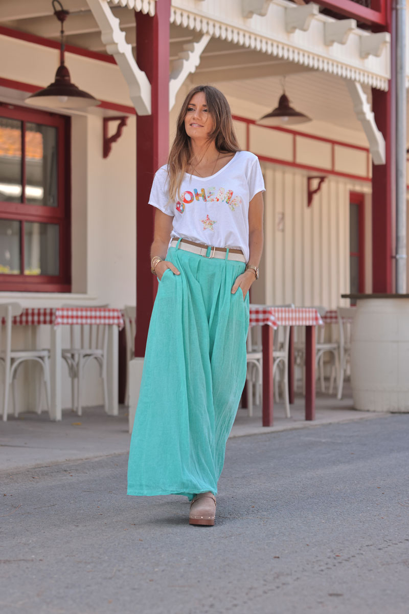 Turquoise Gauze Belted Ultra Wide-Leg Pants
