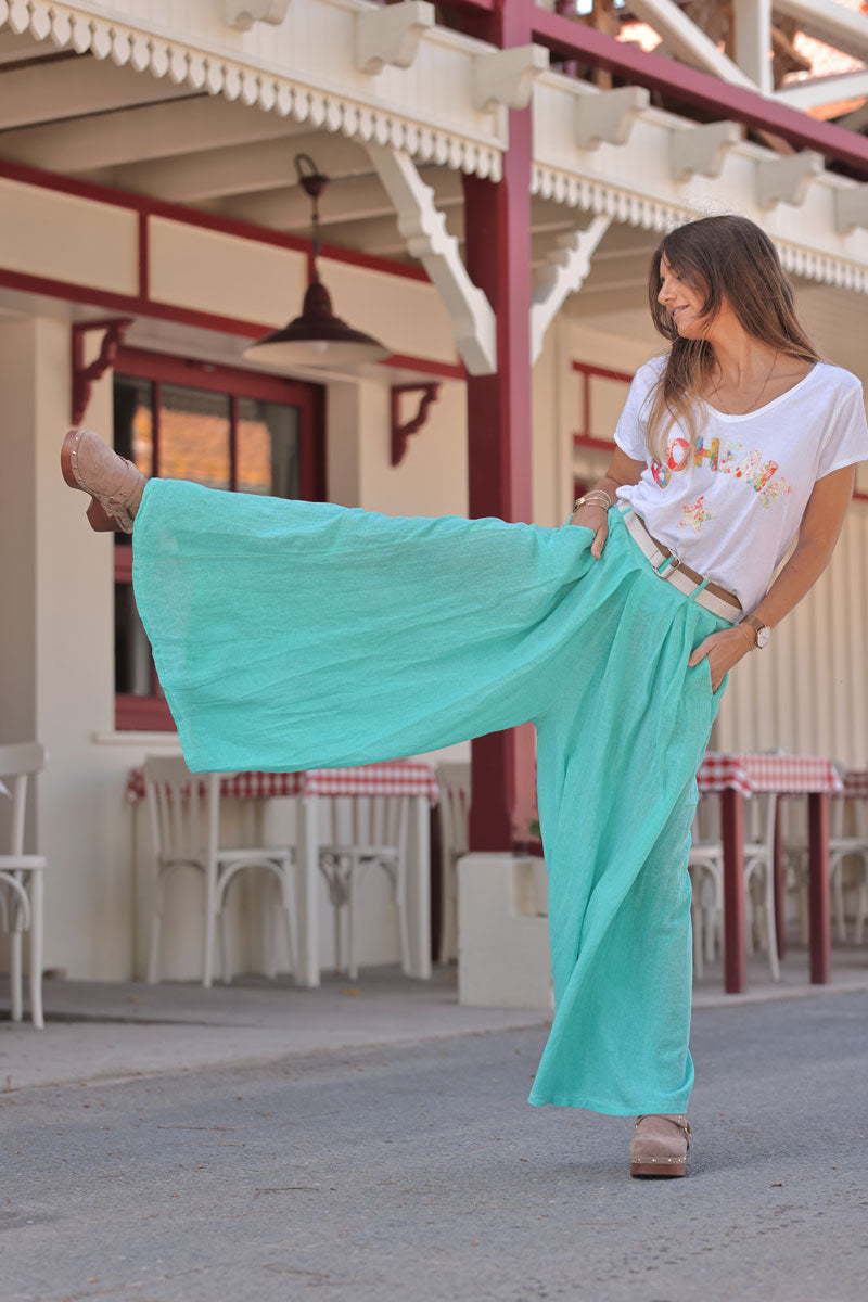 Turquoise Gauze Belted Ultra Wide-Leg Pants
