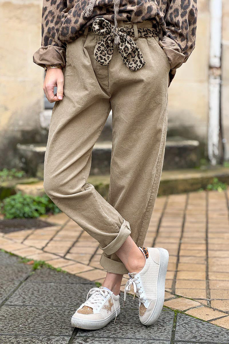 Beige Corduroy Pants with Leopard Sash Belt