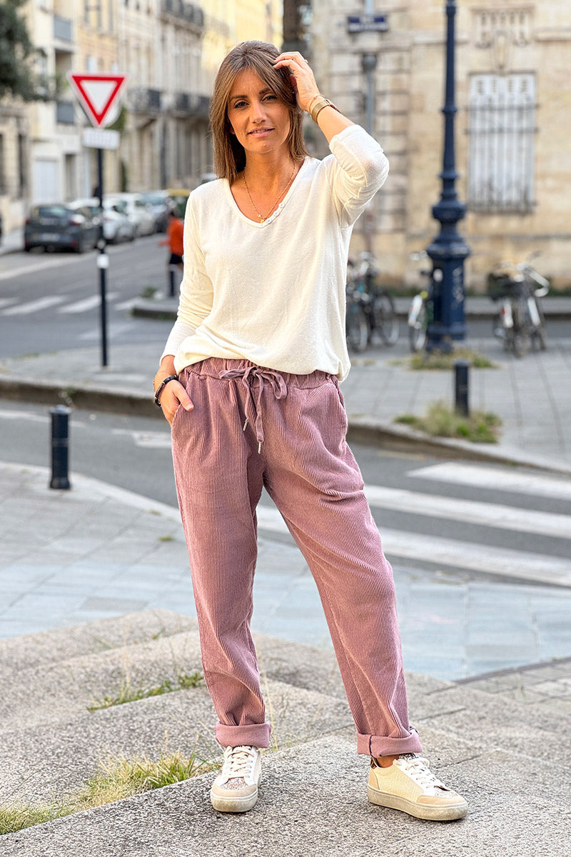 Pantalon vieux rose en velours côtelé coupe droite ceinture élastique avec cordon