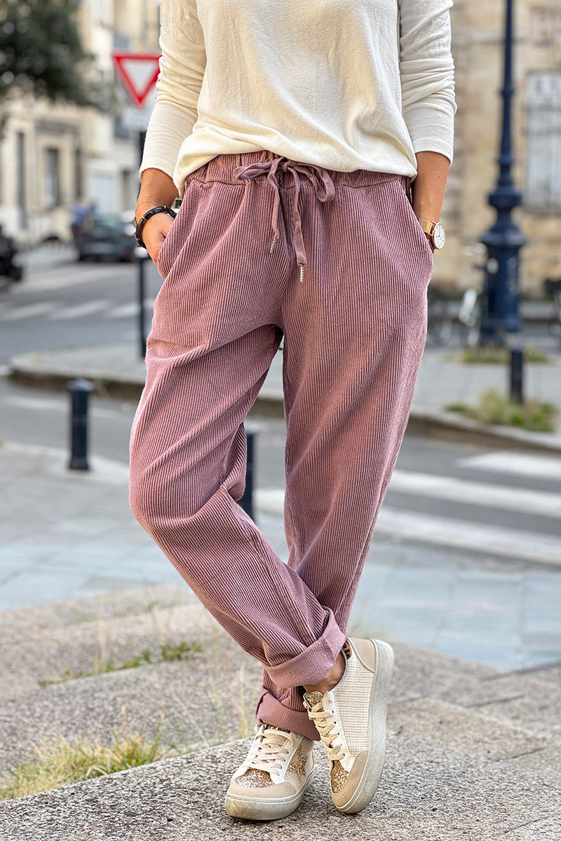 Pantalon vieux rose en velours côtelé coupe droite ceinture élastique avec cordon