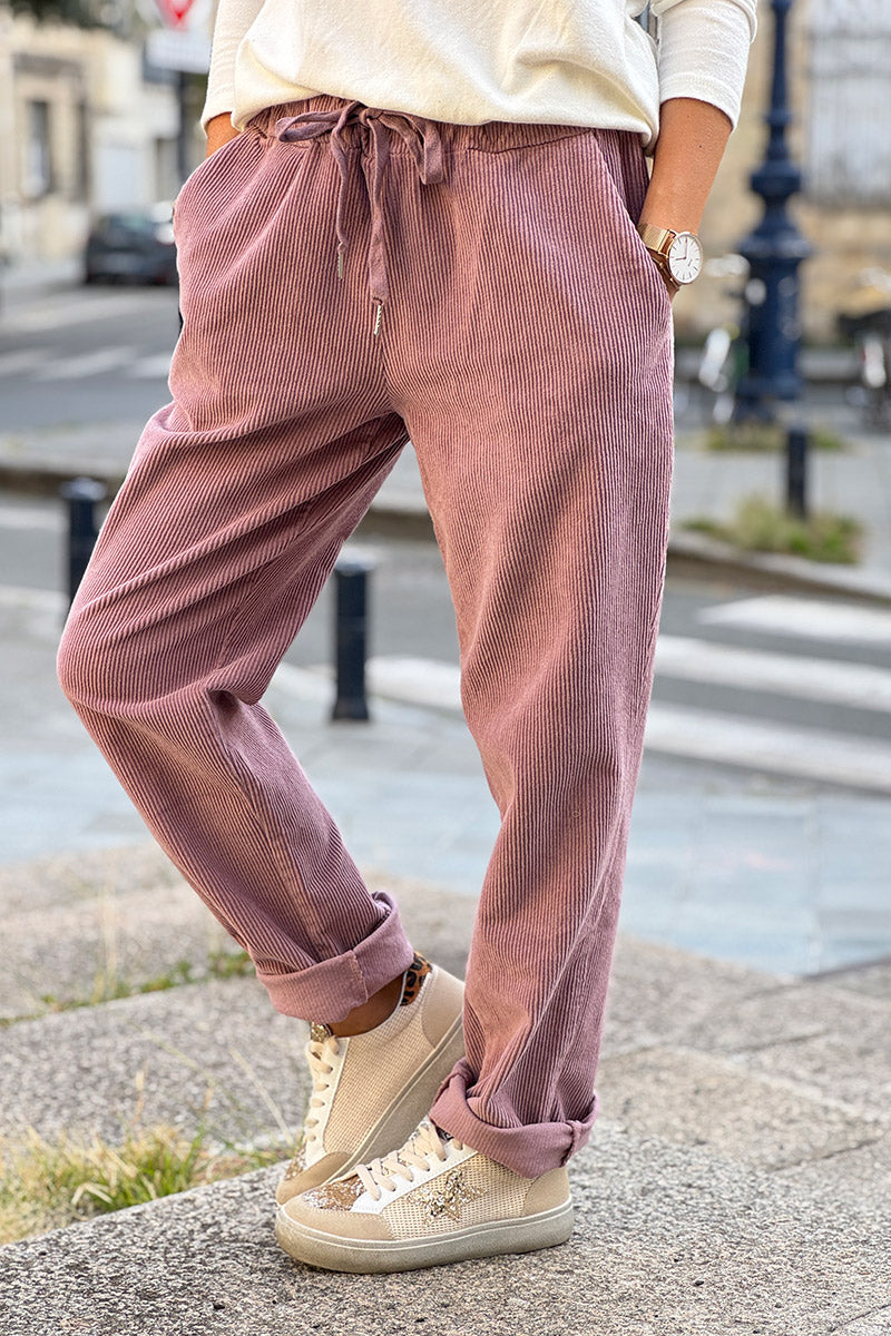Pantalon vieux rose en velours côtelé coupe droite ceinture élastique avec cordon