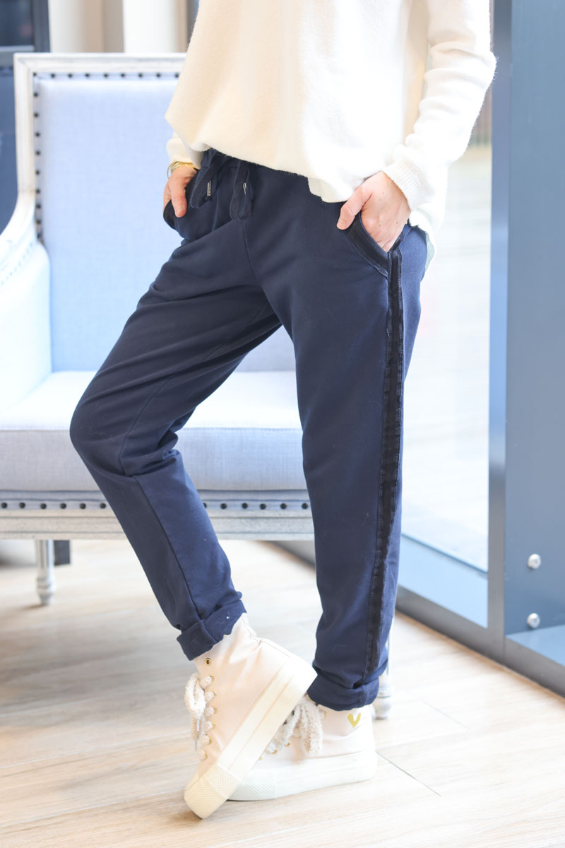 Navy blue sweat pants with satin outseams