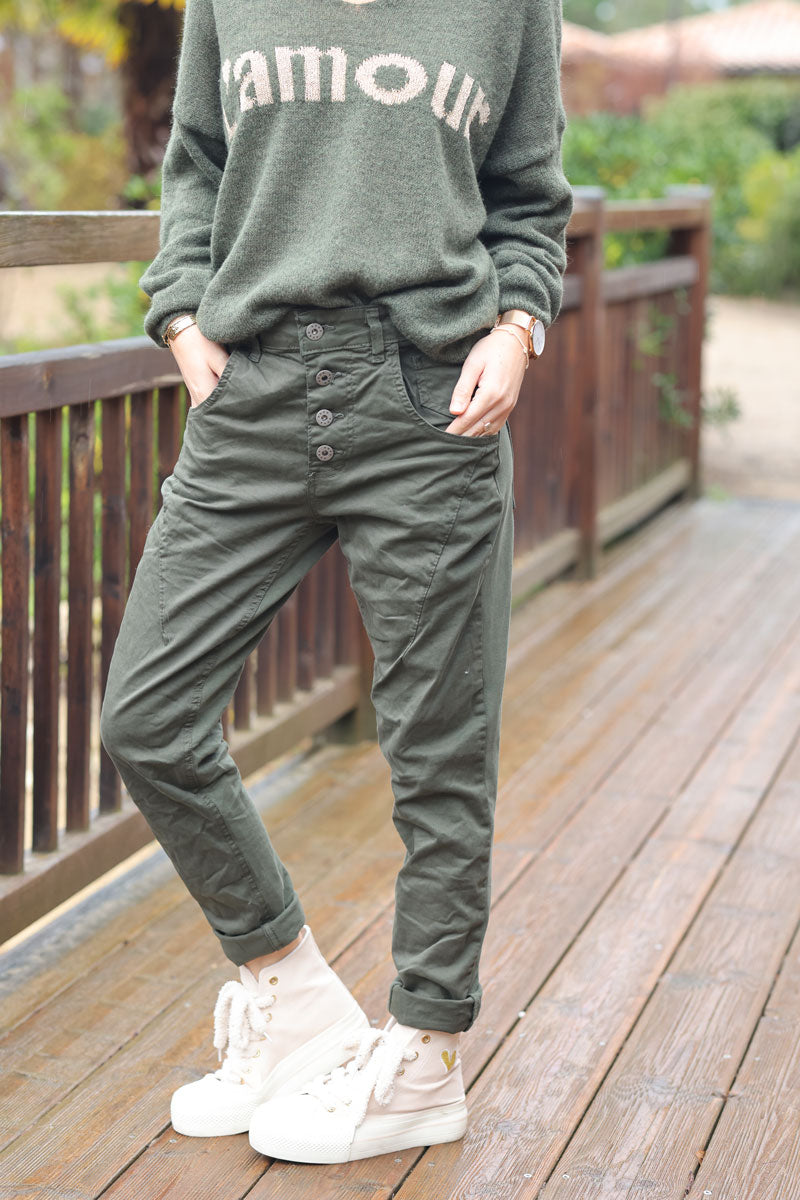 Khaki coloured bi-material trousers with buttons