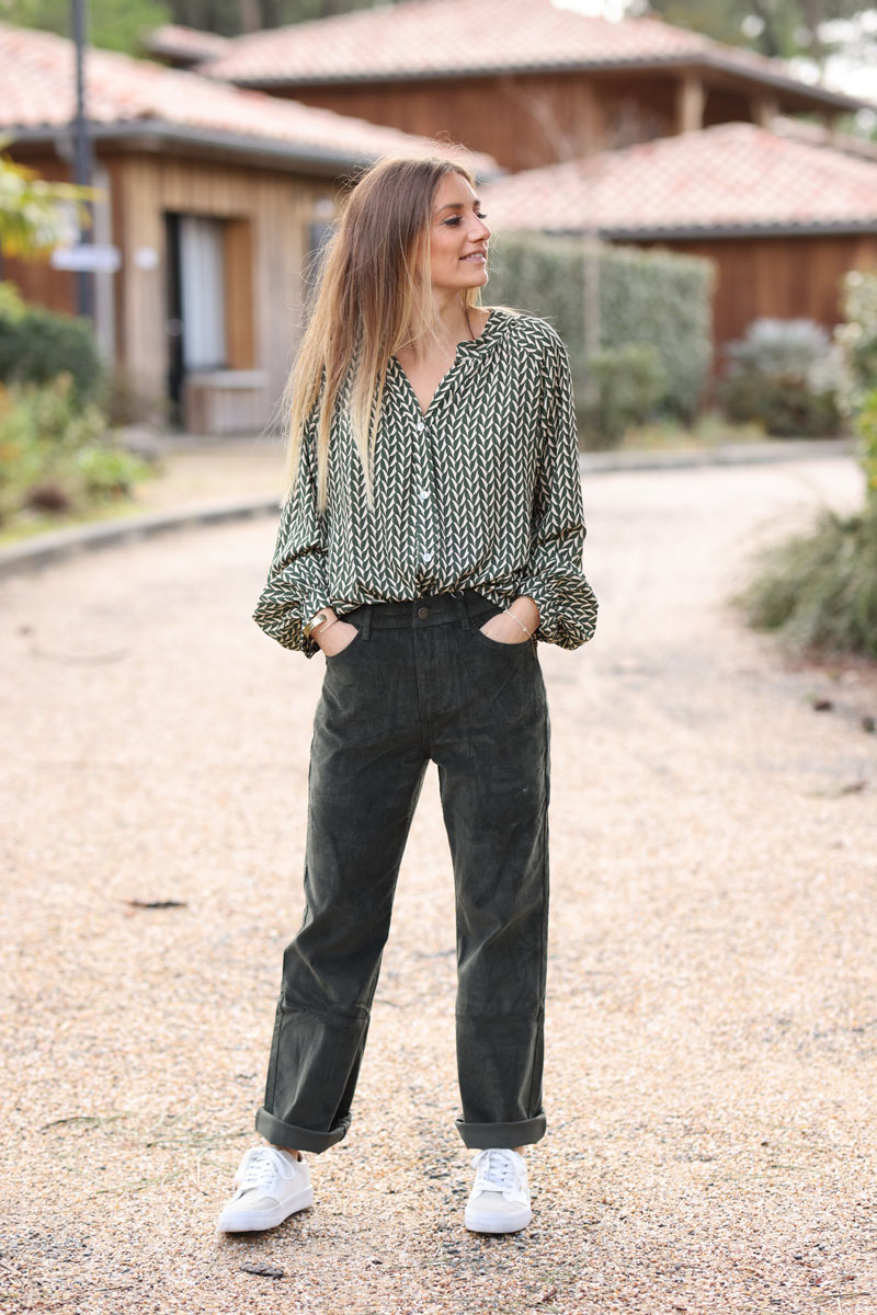 Khaki Velvet Corduroy straight cut Trousers