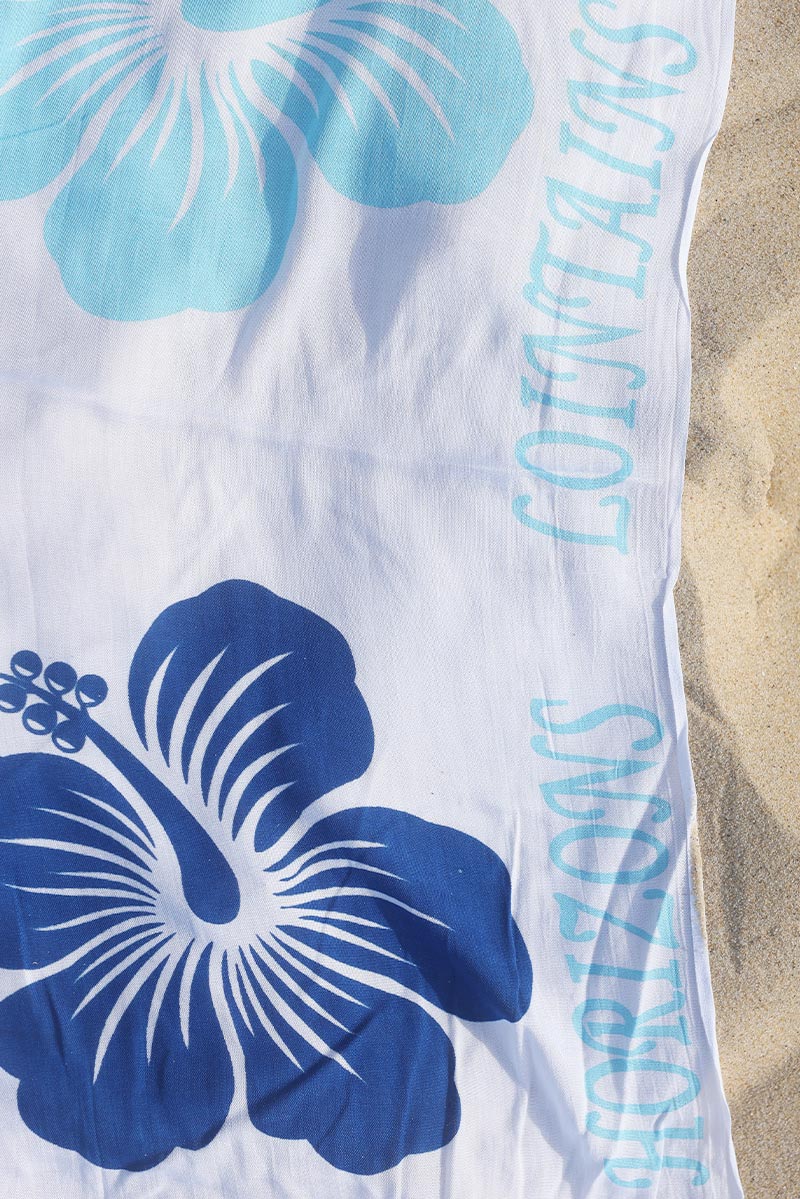 Paréo de plage long, imprimé fleurs de Tiaré bleues