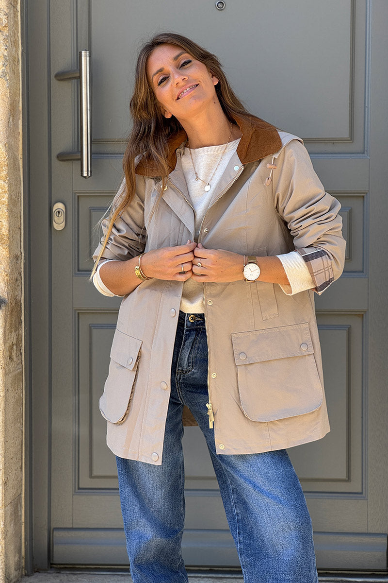 Parka imperméable beige avec capuche amovible col velours côtelé poches
