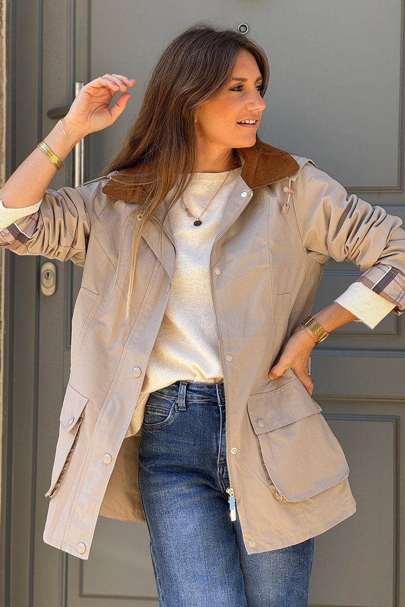 Parka imperméable beige avec capuche amovible col velours côtelé poches