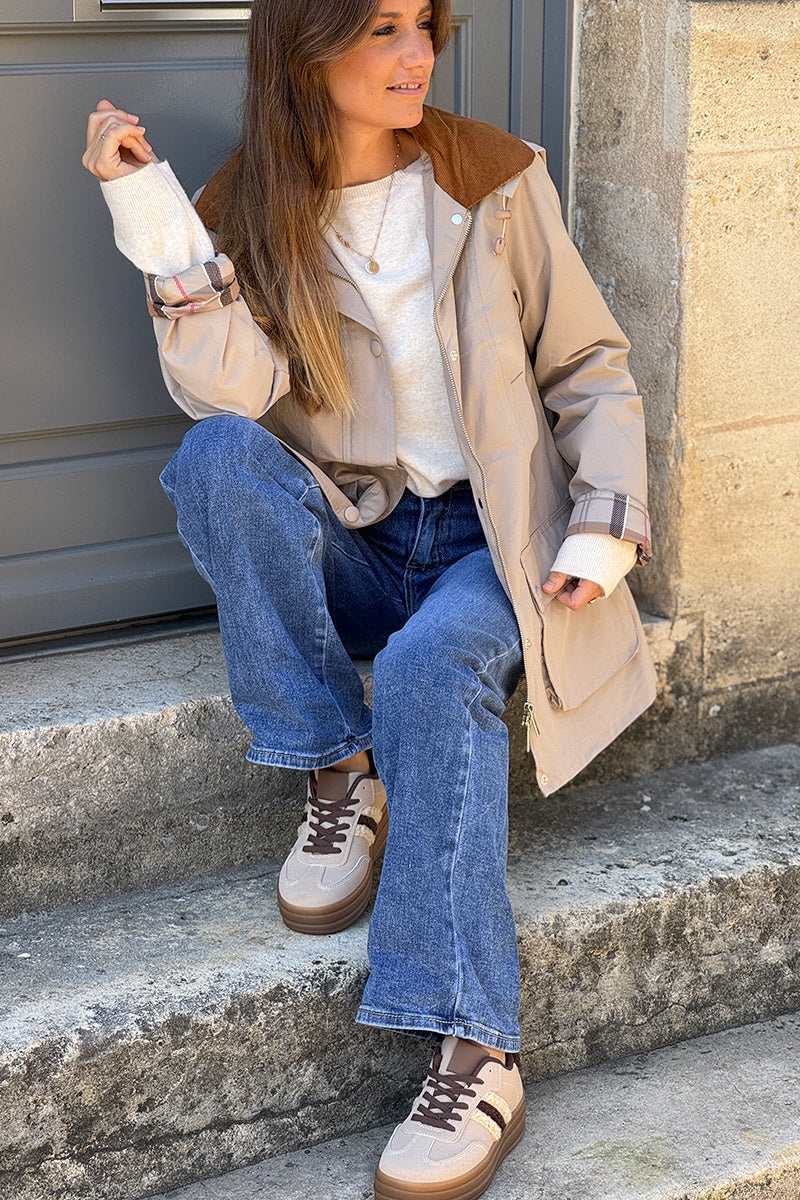 Parka imperméable beige avec capuche amovible col velours côtelé poches