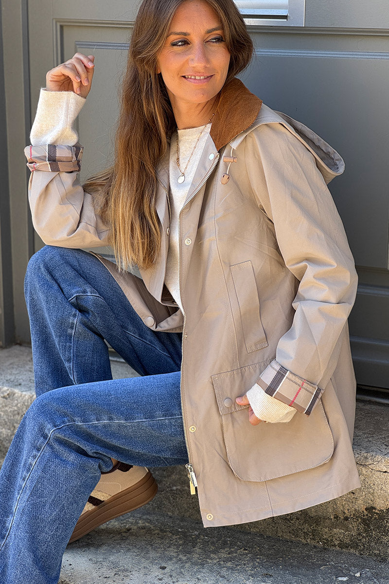 Parka imperméable beige avec capuche amovible col velours côtelé poches