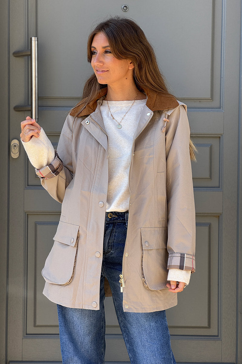 Parka imperméable beige avec capuche amovible col velours côtelé poches
