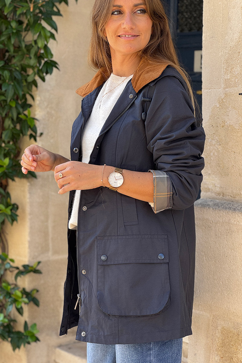 Parka imperméable bleu marine avec capuche amovible col velours côtelé poches