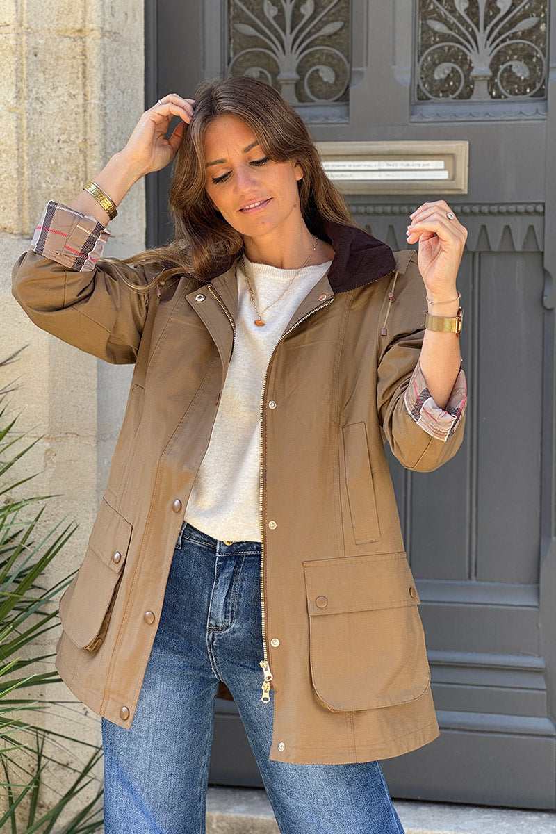 Parka imperméable camel avec capuche amovible col velours côtelé poches