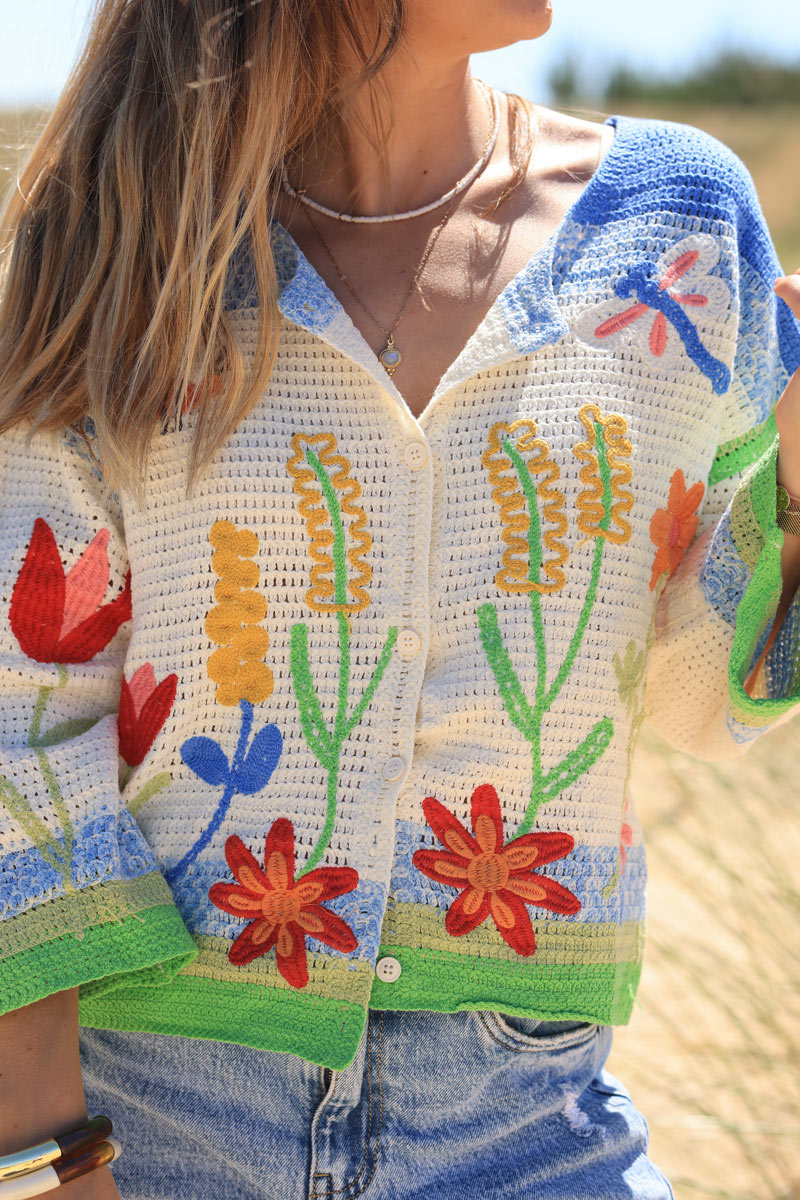 Colorful knitted cardigan with spring crochet pattern