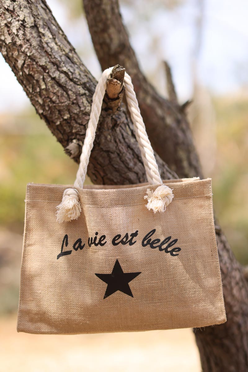 Straw tote bag with thick rope handles la vie est belle