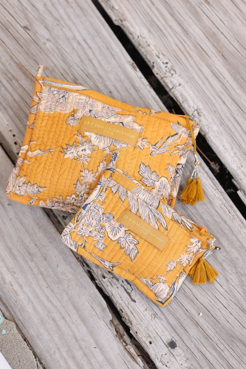 Petit porte monnaie moutarde en gaze de coton imprime feuilles H013 (2)