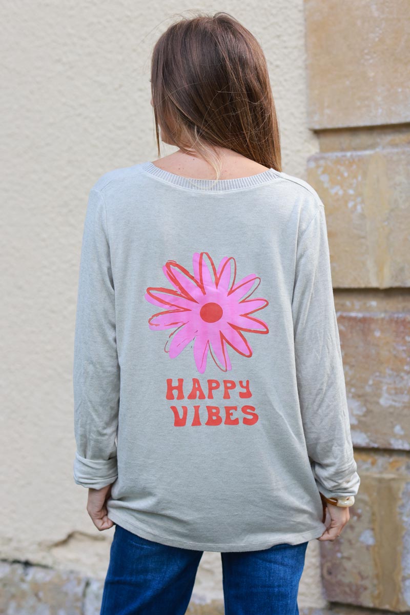 Jersey pequeño beige de punto acanalado con cuello de pico flores Happy Vibes