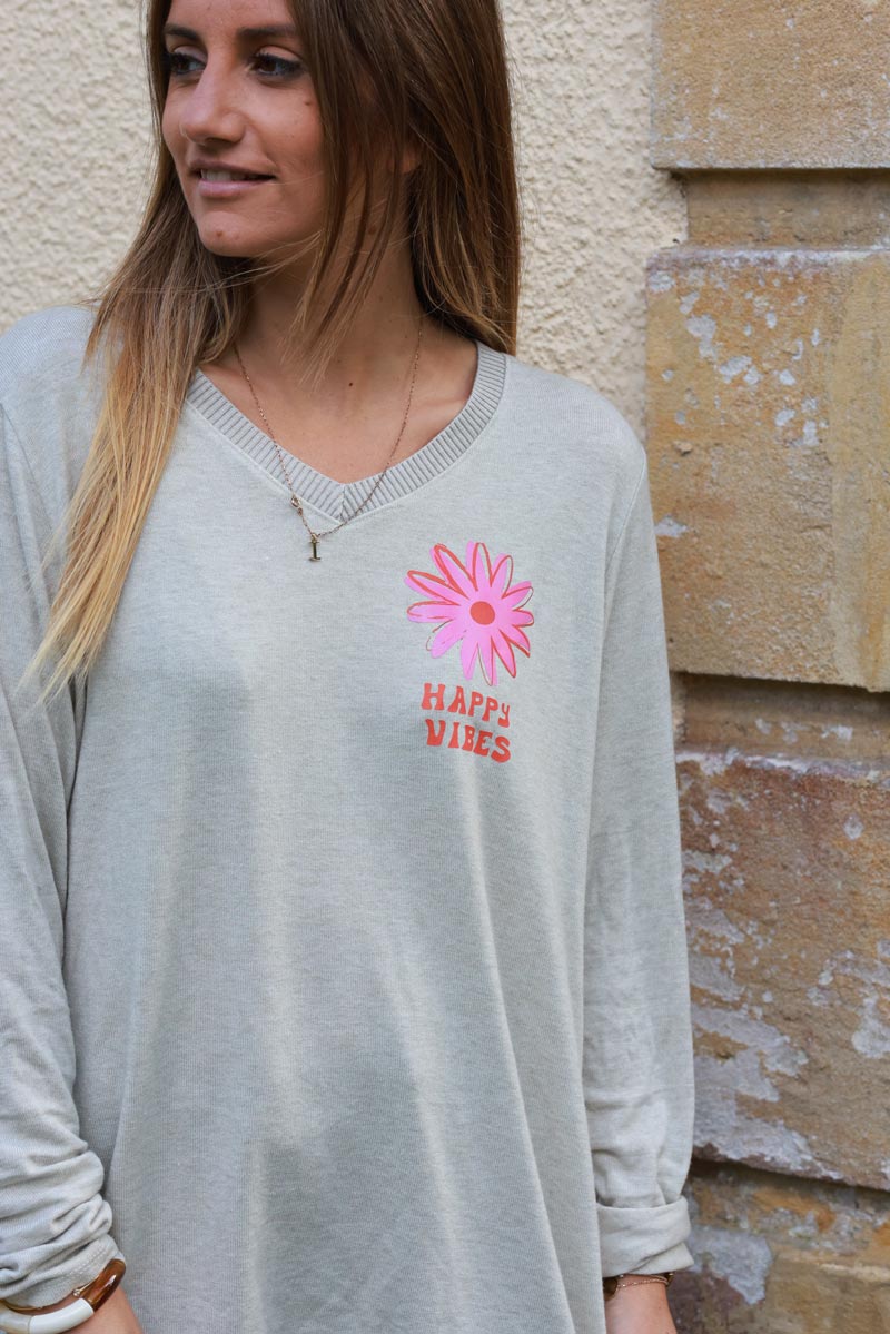 Happy Vibes Beige Long-Sleeve Knit Tee