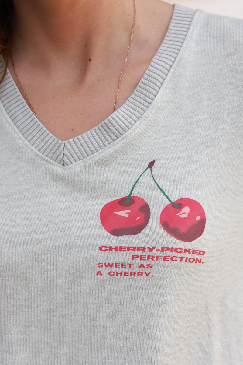 'Cherry Perfection' Beige Jersey Sweater