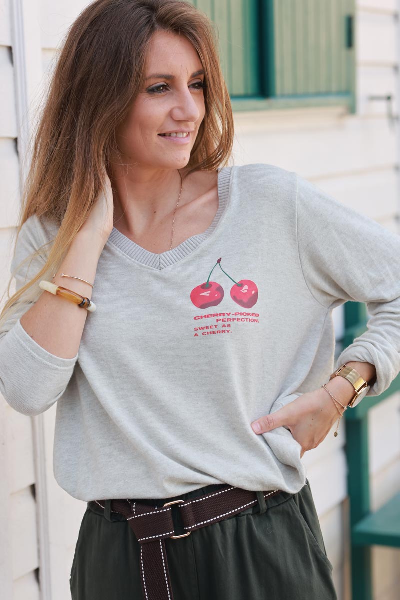 'Cherry Perfection' Beige Jersey Sweater