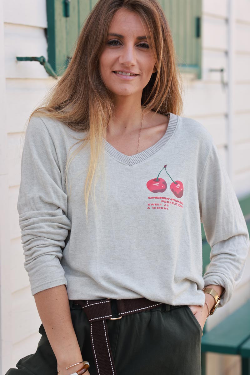 'Cherry Perfection' Beige Jersey Jumper