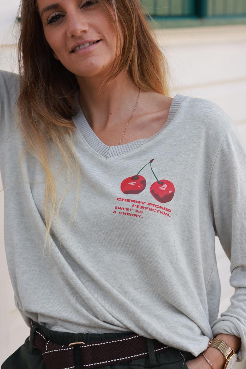 'Cherry Perfection' Beige Jersey Sweater