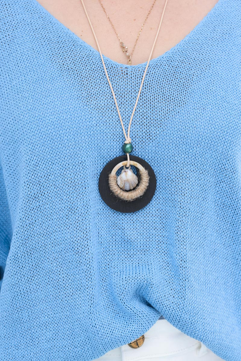 Petit pull bleu ciel maille coton manches chauve souris avec collier coquillage H178 (1)