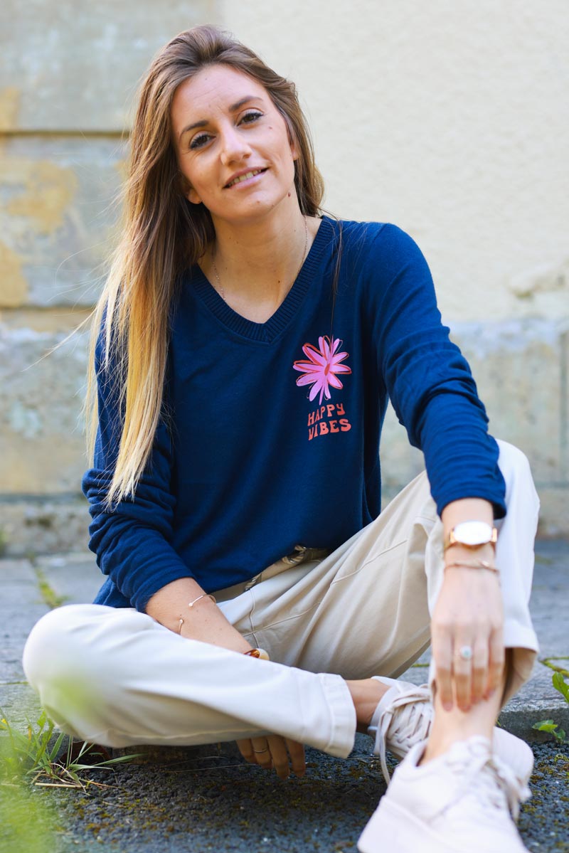 Happy Vibes Navy Blue Long-Sleeve Knit Tee