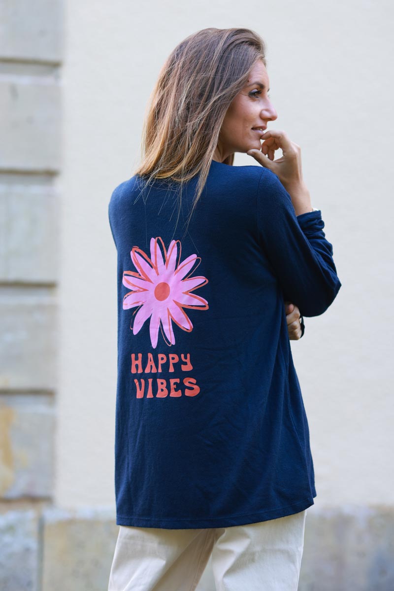 Petit pull bleu marine en jersey col v côtelé Happy Vibes fleurs