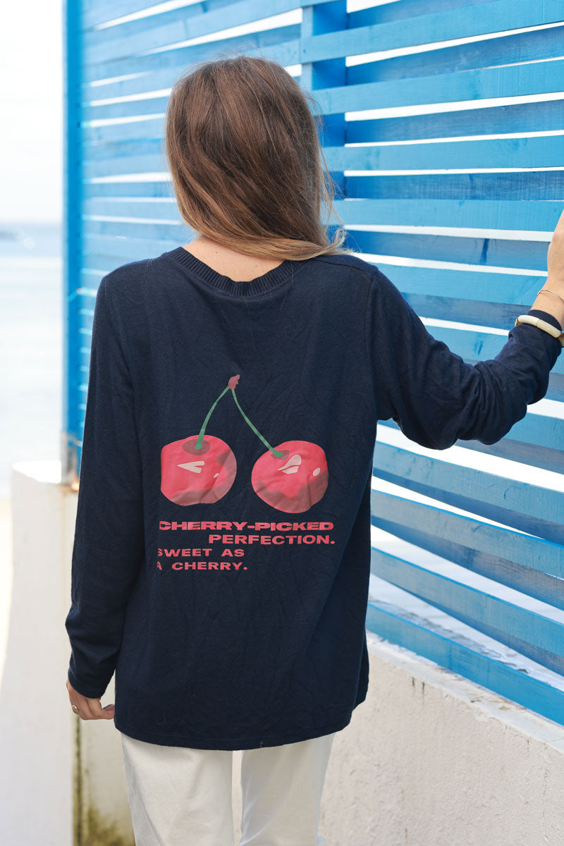 'Cherry Perfection' Navy Blue Jersey Sweater