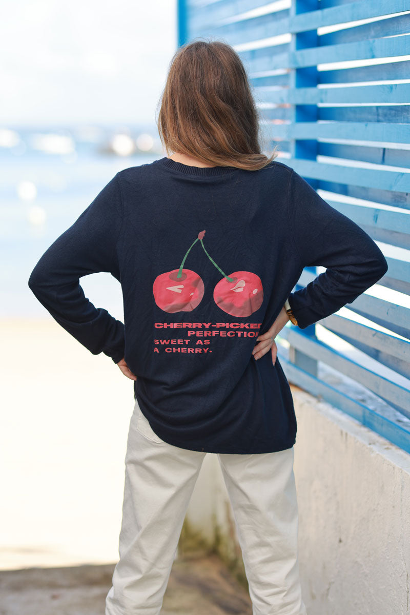 'Cherry Perfection' Navy Blue Jersey Sweater