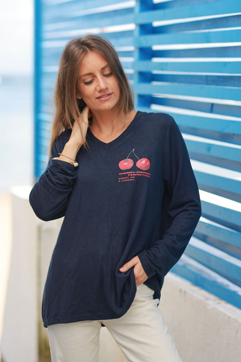 'Cherry Perfection' Navy Blue Jersey Jumper