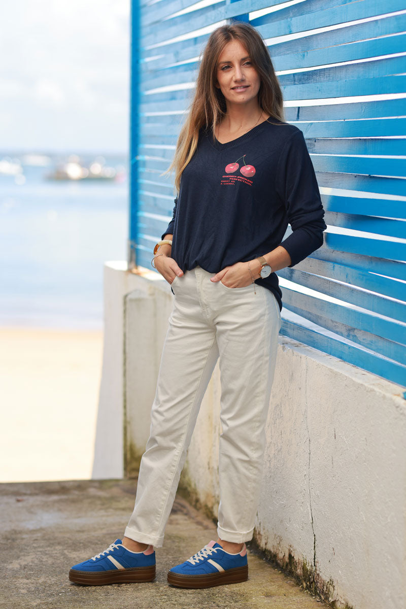 'Cherry Perfection' Navy Blue Jersey Sweater