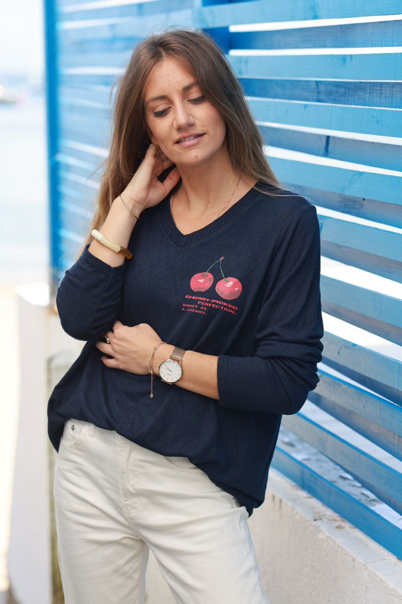 'Cherry Perfection' Navy Blue Jersey Jumper