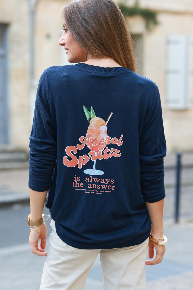 Petit pull bleu marine en jersey col v côtelé cocktail Apérol Spritz