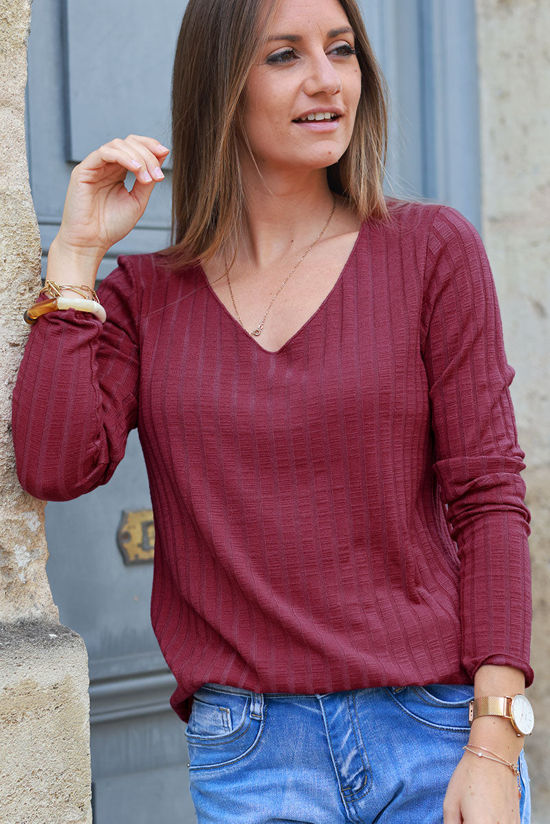 Burgundy long sleeved ribbed soft top